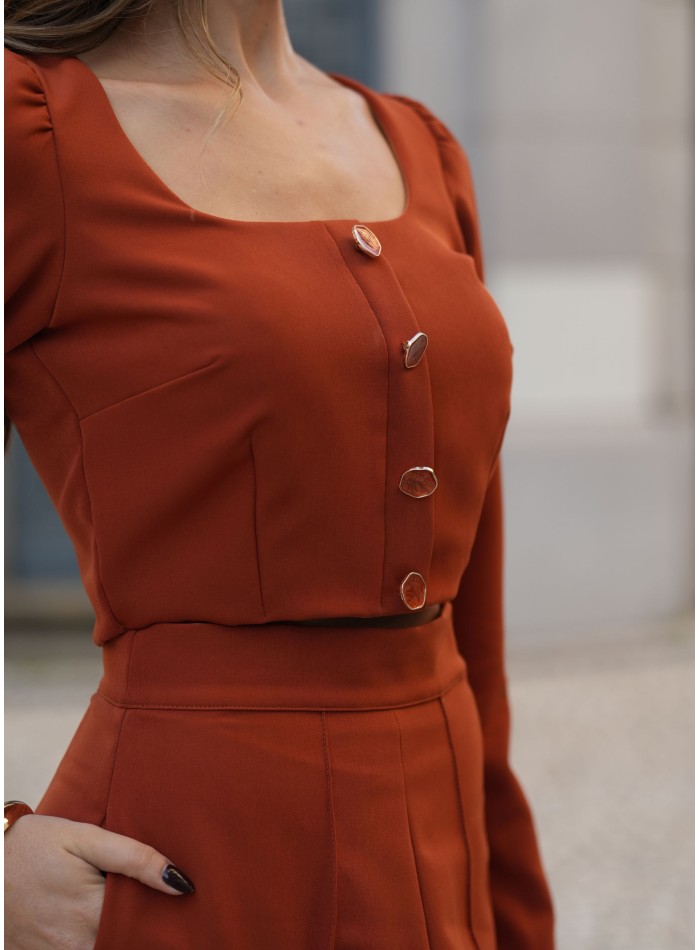 Terracotta blouse with square neckline and long...