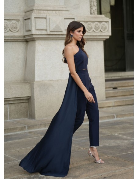 Top asymétrique bleu marine avec cape