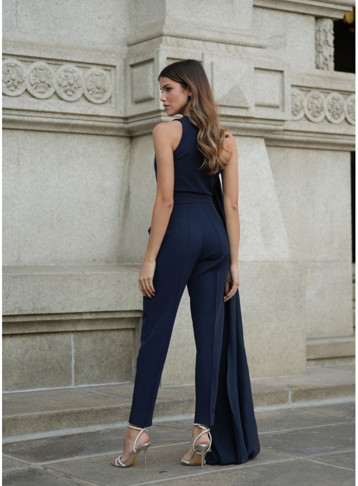 Top asymétrique bleu marine avec cape