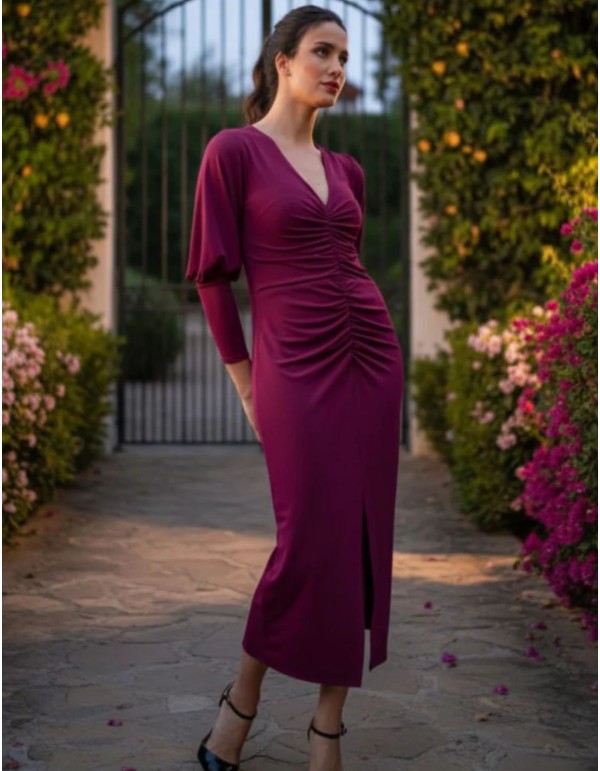 Bougainvillea midi party dress with draping and long sleeves
