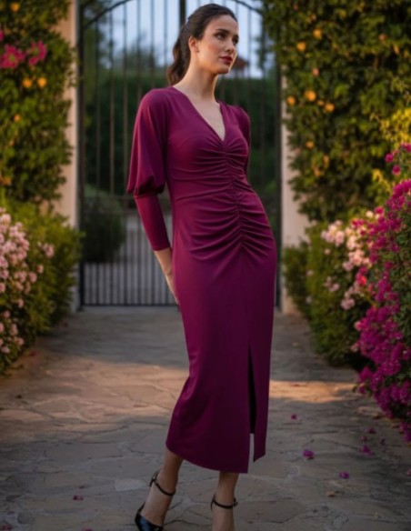 Robe de soirée midi Bougainvillea avec drapé et manches longues