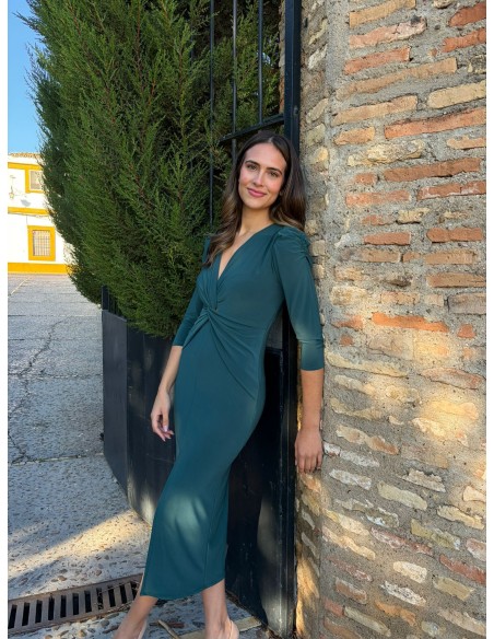 Emerald green knit dress with front knot and V-neckline