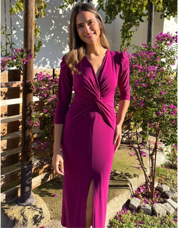 Bougainvillea knit dress with front knot and V-neckline