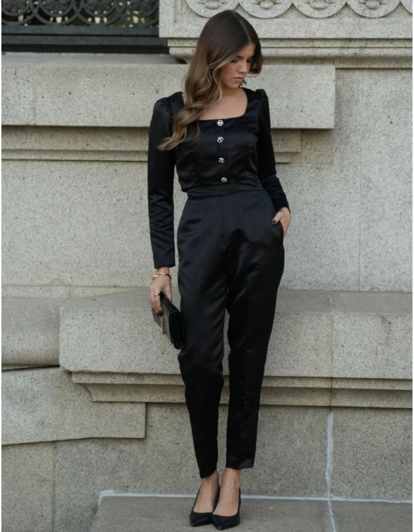 Pantalón de tiro alto negro elegante con bolsillos laterales y cierre invisible