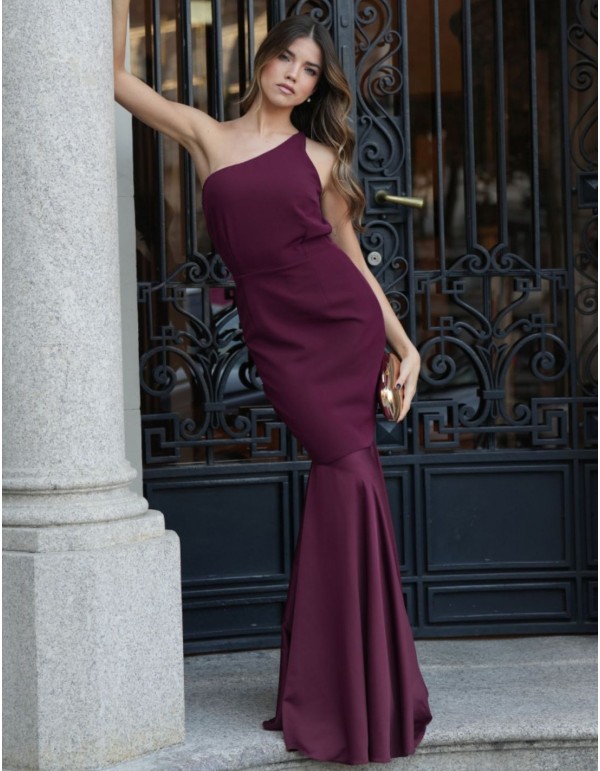 Long burgundy mermaid cut dress with asymmetrical...