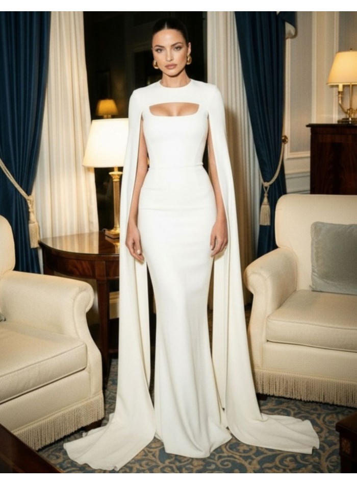 Vestido largo blanco con corte en la cintura y capa incluida ideal para novias