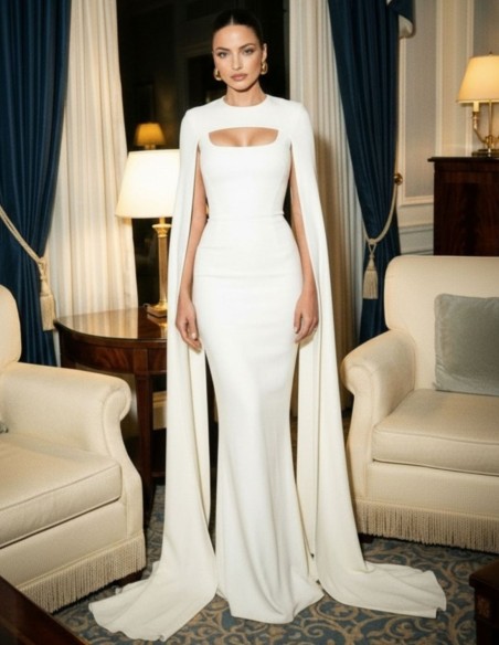 Vestido largo blanco con corte en la cintura y capa incluida ideal para novias