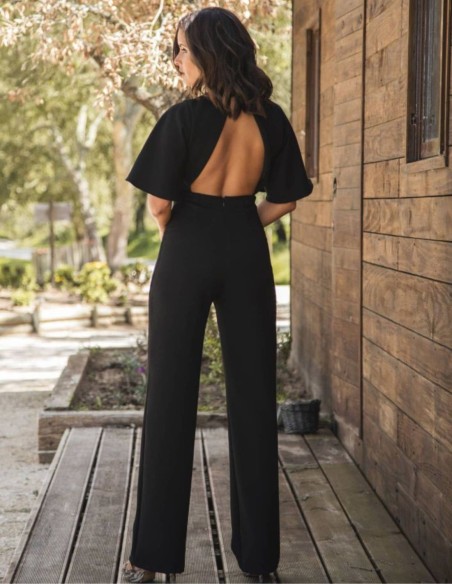 Black long jumpsuit with crossed neckline and open back