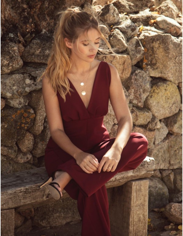 Burgundy jumpsuit with open back