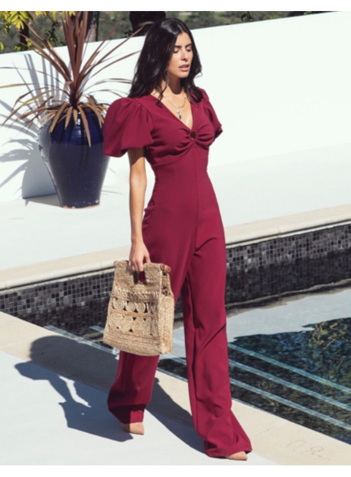 Burgundy jumpsuit with puffed sleeves and...
