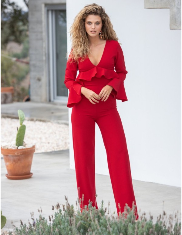 Long red jumpsuit with ruffles and long sleeves