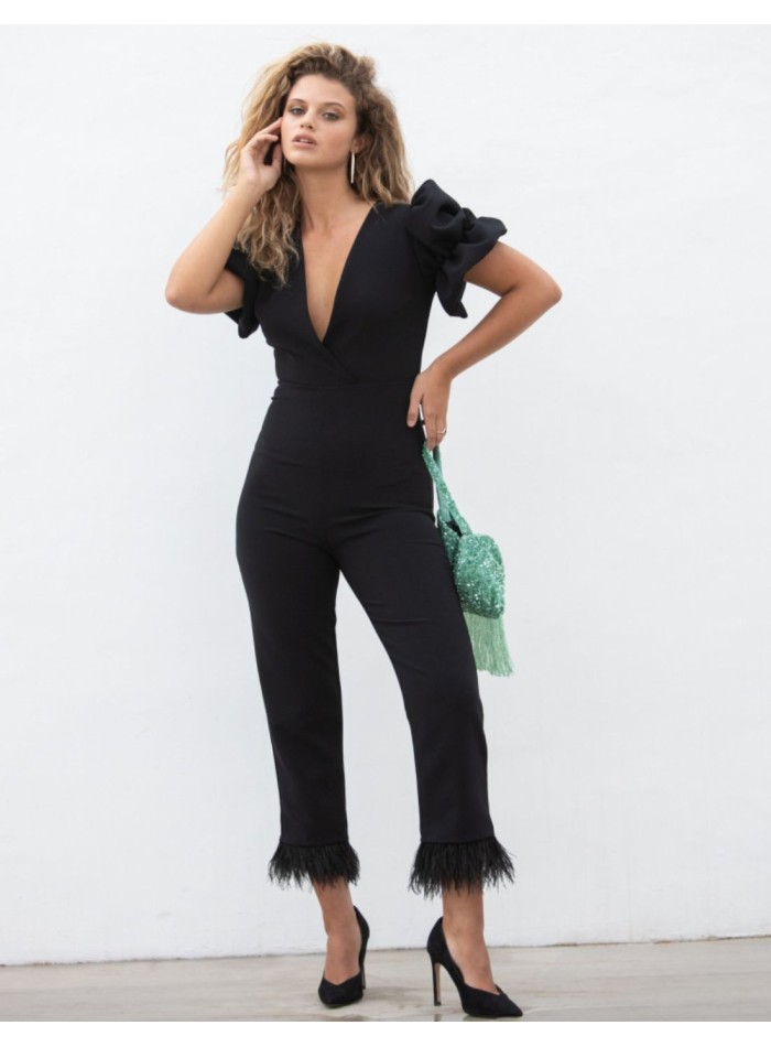 Black party jumpsuit with feathers and...