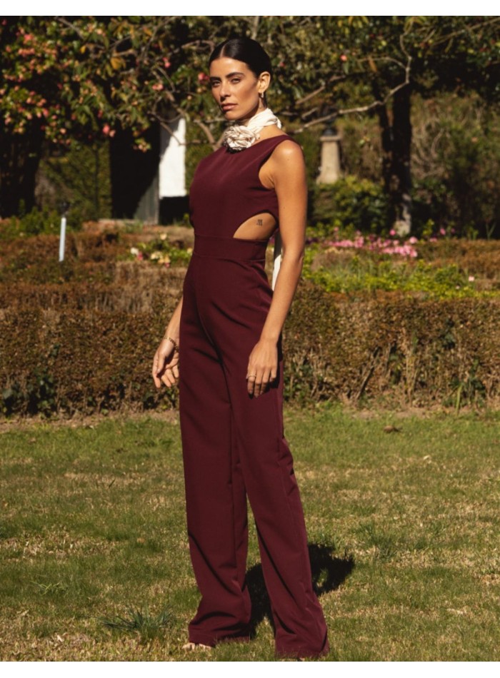 Burgundy long party jumpsuit with side slits