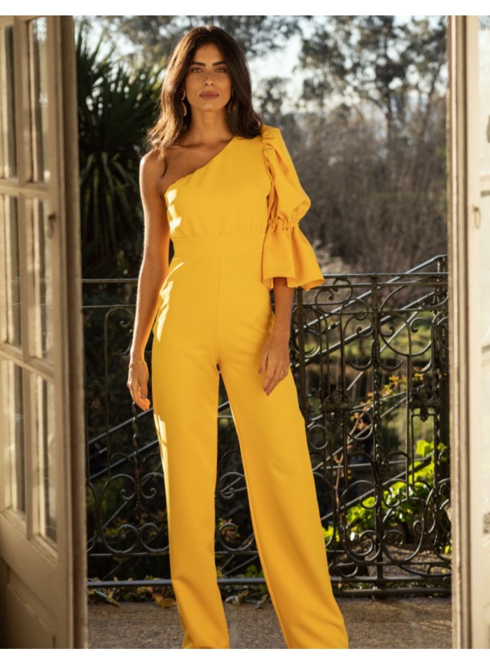 Yellow long jumpsuit with asymmetrical neckline...