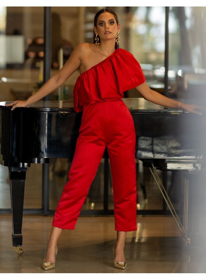 Mono asimétrico rojo con volante