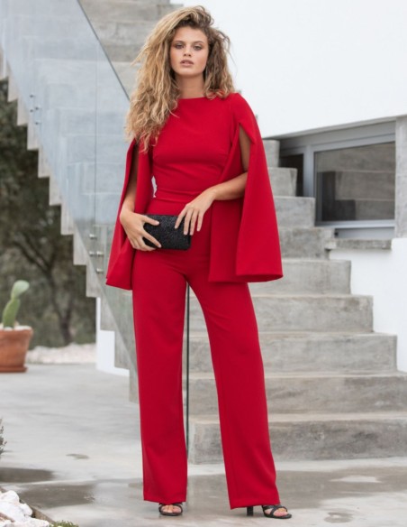 Red party jumpsuit with long cape sleeves