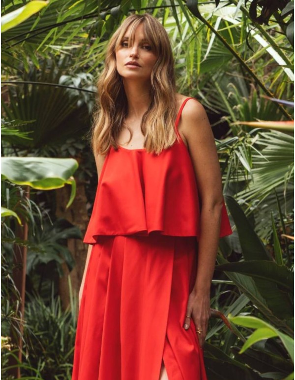 Red strapless ruffle party top
