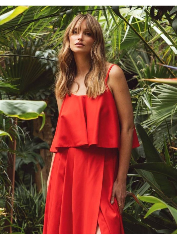 Red strapless ruffle party top