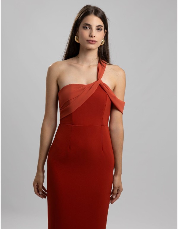 Long tile party dress with asymmetrical chiffon neckline