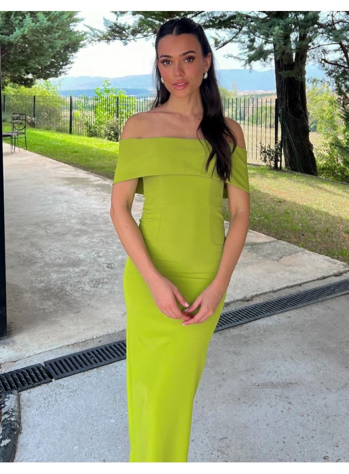 Vestido largo de fiesta escote bardot y apertura trasera