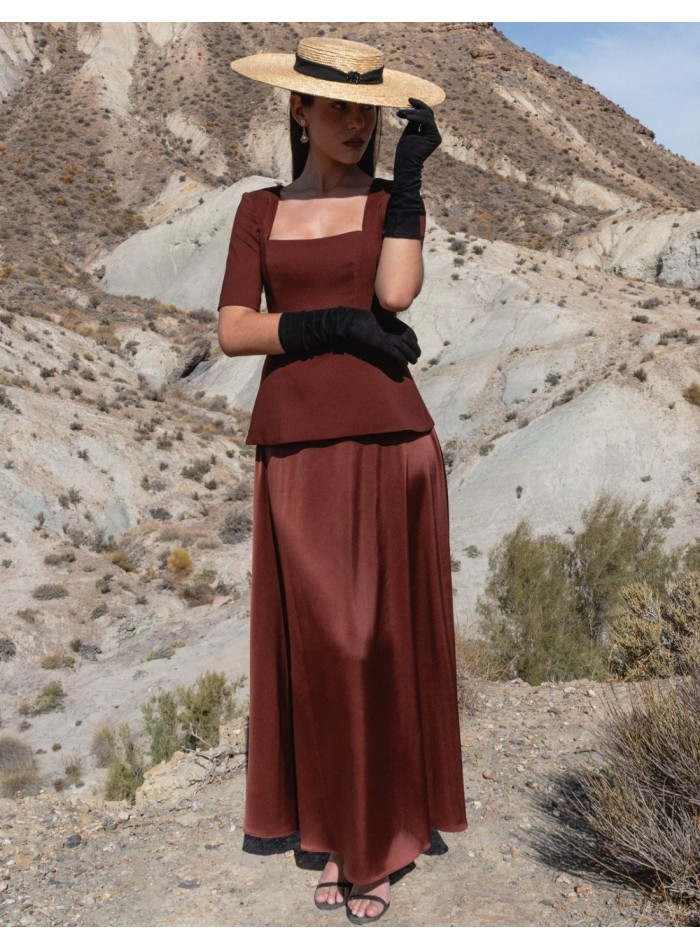 Brown two-piece set with satin top and flared...