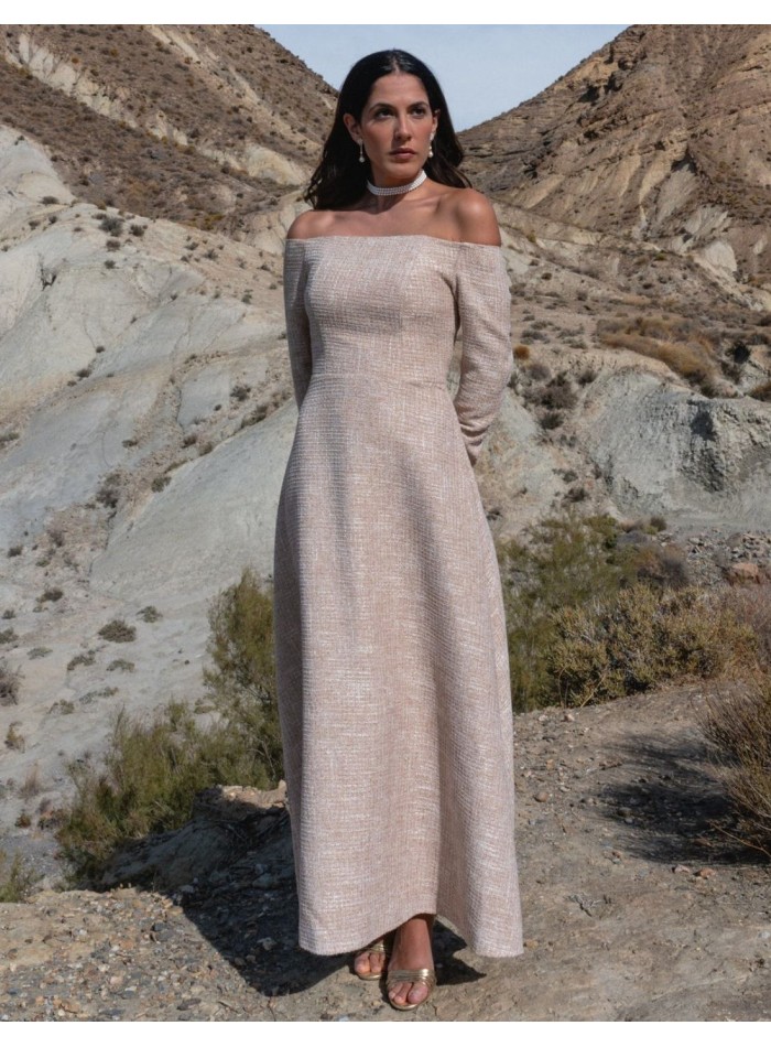 Robe midi en tweed avec encolure Bardot et jupe...