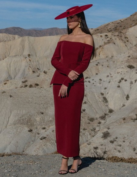 Two-piece set with asymmetrical bardot top and slit skirt