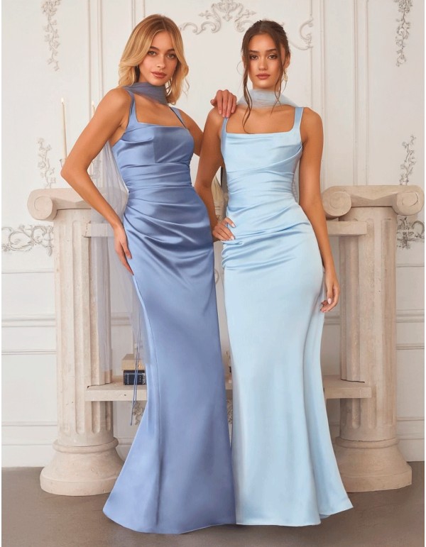 Long gown with wide straps and draped satin bodice