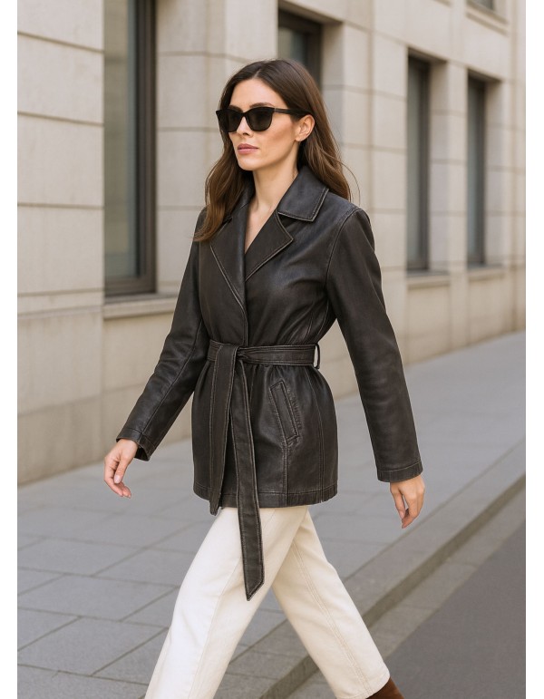 Gray leather effect blazer with lapel collar