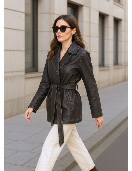 Gray leather effect blazer with lapel collar