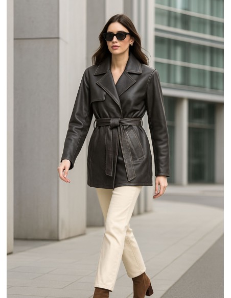 Blazer gris en cuir avec col à revers