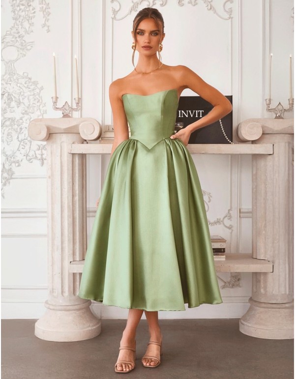 Satin strapless midi wedding guest dress in satin with...