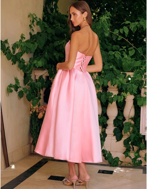 Satin strapless midi wedding guest dress in satin with...