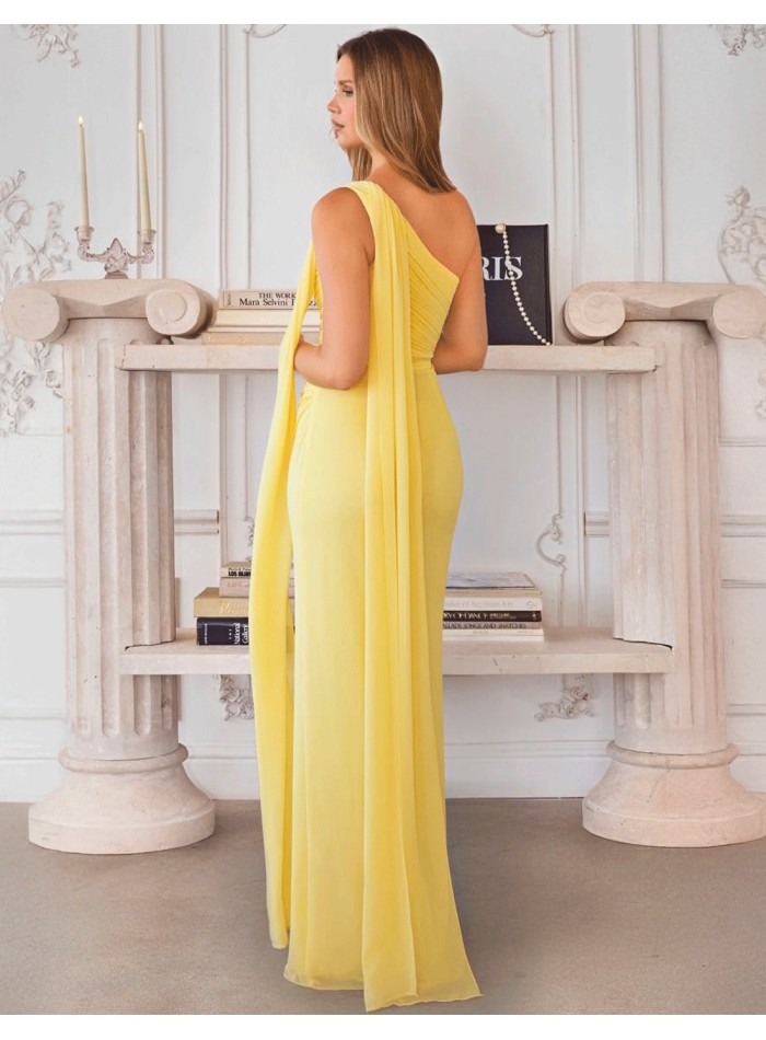 Vestido de fiesta largo con escote asimétrico estilo griego amarillo espalda