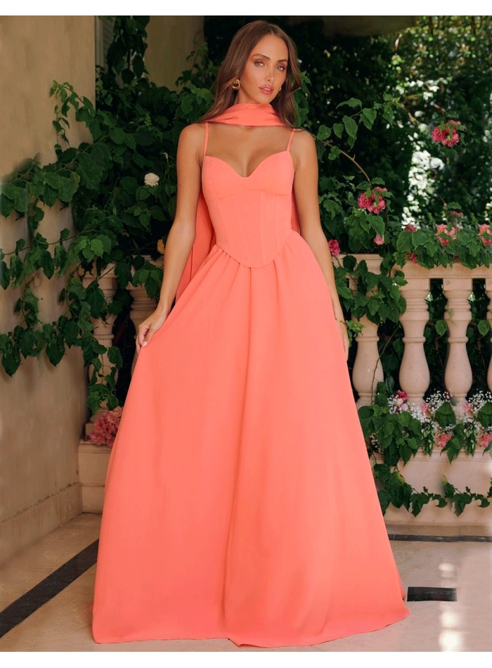 Long gown with corset bodice and flounce skirt