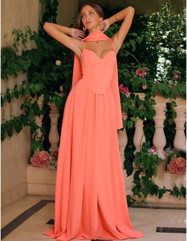 Long gown with corset bodice and flounce skirt