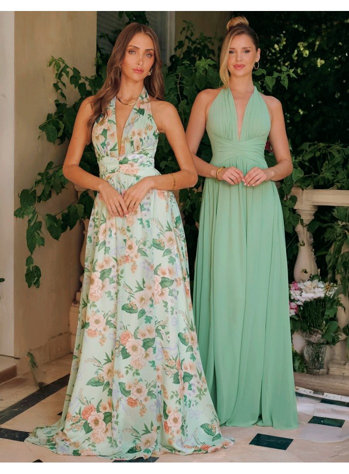 Long wedding guest dress with halter neckline...