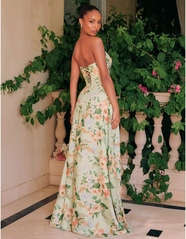 Strapless long gown with floral print 2