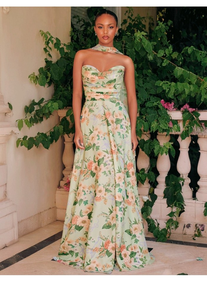 Strapless long gown with floral print