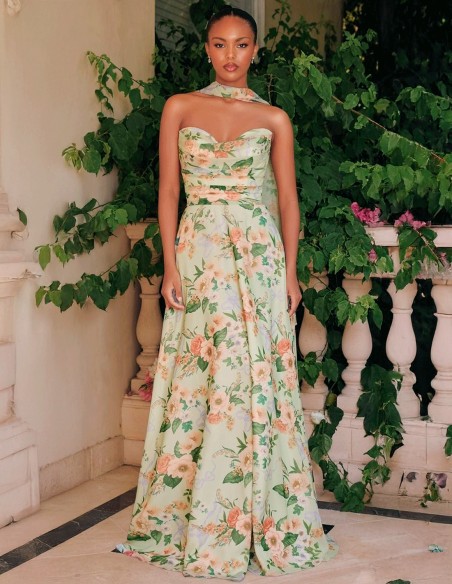 Robe de soirée longue et sans bretelles à imprimé floral