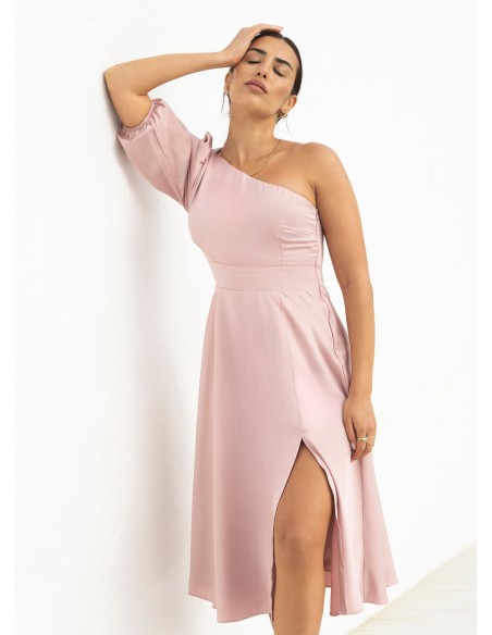 Pink midi dress with asymmetrical neckline