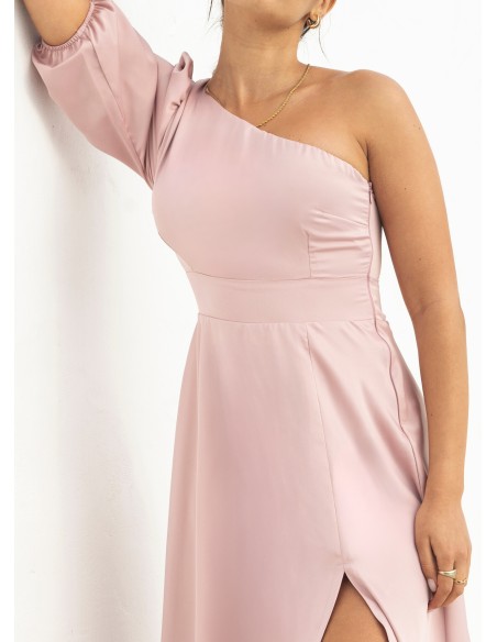 Pink midi dress with asymmetrical neckline