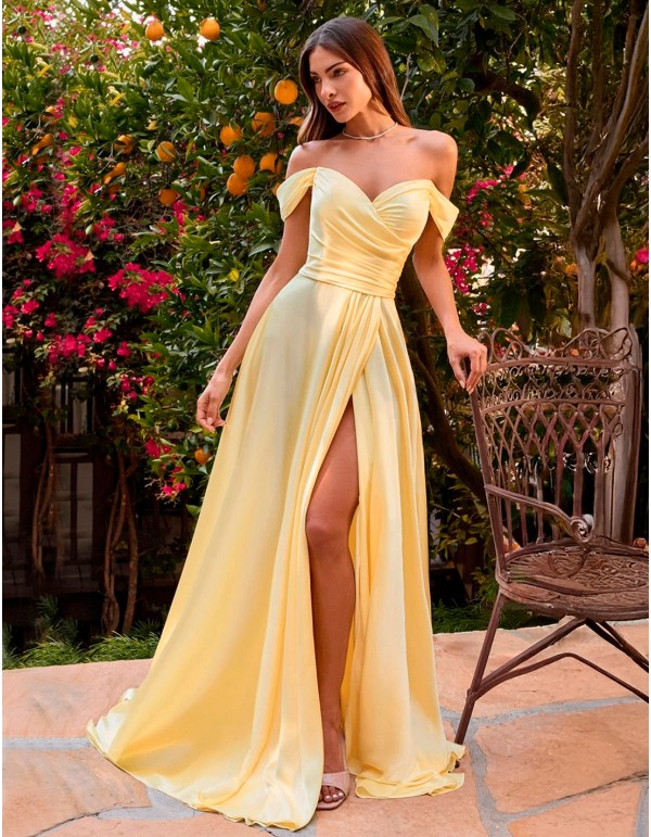 Long satin gown with sweetheart bandeau neckline