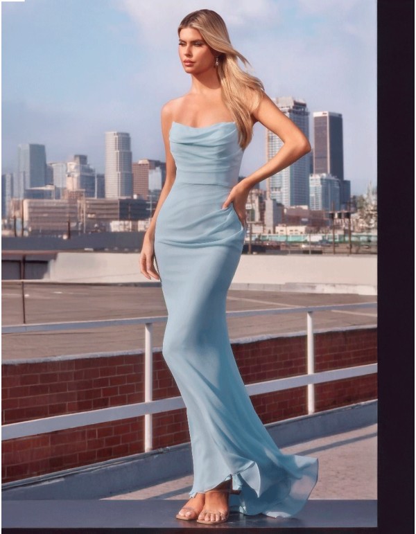 Draped chiffon strapless long strapless wedding guest dress