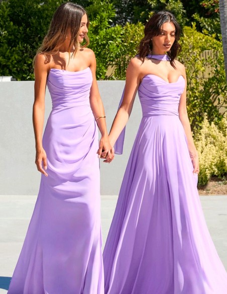 Draped chiffon strapless long strapless wedding guest dress