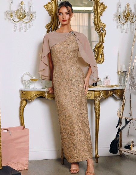 Robe de soirée midi en dentelle avec cape