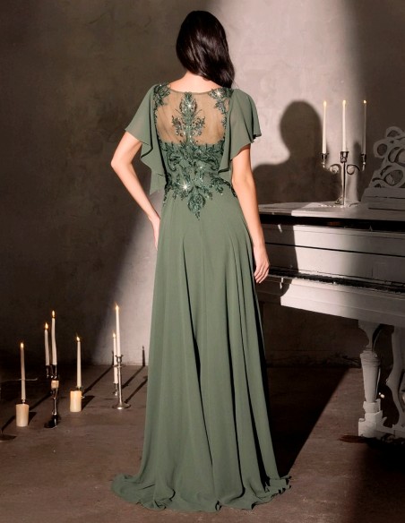 Long ball gown with rhinestone bodice and cascade sleeves