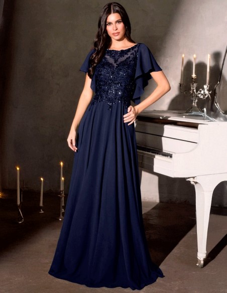 Robe de soirée longue avec corsage en strass et manches en cascade
