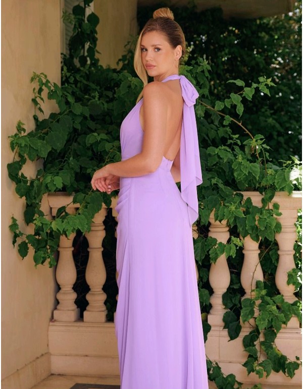 Long wedding dress with halter neckline and skirt slit