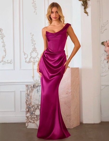 Long satin fabric guest dress with asymmetrical neckline